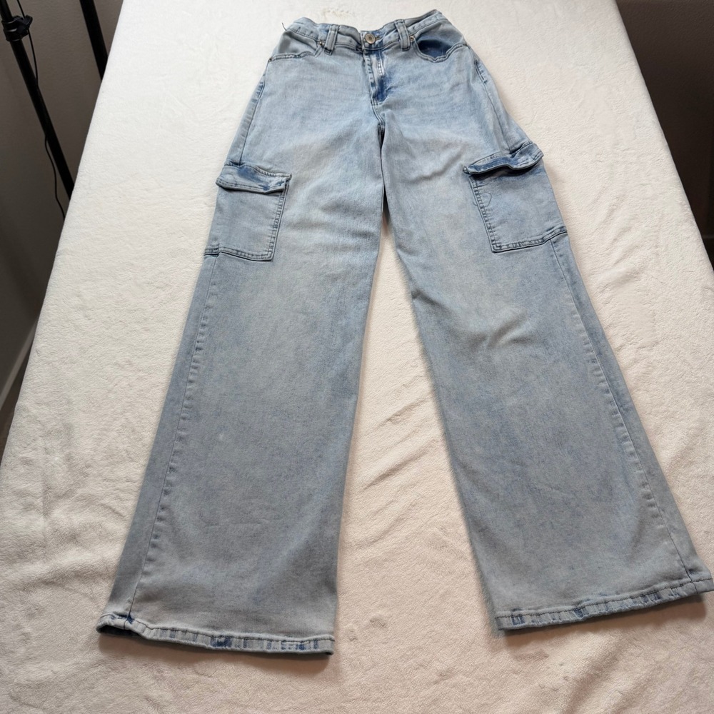 rue21 Cargo Jeans Womens 0 Light Blue Good High Rise Wide Leg Utility Pants